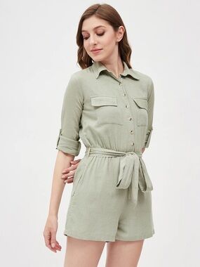 Sage Green Shirt‑Front Tie‑Waist Romper